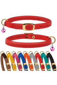 Murom Rolled Leather Cat Collar with Elastic Strap Safety Adjustable Pet Collars for Cats Kitten Yellow Red Pink Blue Orange Brown Gray (Red)