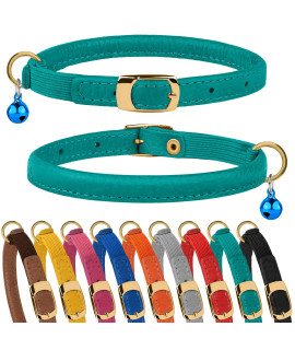 Murom Rolled Leather Cat Collar with Elastic Strap Safety Adjustable Pet Collars for Cats Kitten Yellow Red Pink Blue Orange Brown Gray (Mint Green)