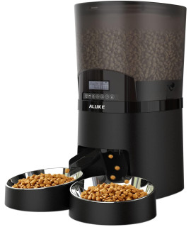 Automatic Cat Feeder for 2 Cats, ALUKE 6.5L Pet Feeder for Cats & Dogs Dry Food Dispenser with Desiccant Bag, Stainless Steel Bowls & Lock Lid, Dual Power Supply 10s Meal Call 6 Meals Per Day