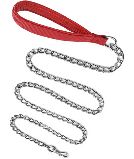 JuWow Metal Dog Leash, Heavy Duty Chew Proof Pet Leash Chain with Padded Handle for Large & Medium Size Dogs (4.0mm x 4 Foot, Red)