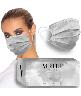 VIRTUE cODE On The go Mask 50 Disposable curved Face Masks - grey color Mask Pack cute Mask with Ergonomic Shape One Size Fits Men and Women Adult Disposable Face Mask 50 gray Masks grey Face Mask with Elastic Ear Loops