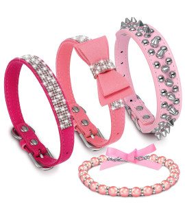 4 Pcs Pink Dog Collar Spiked Studded Dog Collars Pearls Dog Necklace Dog Collar with Rhinestone Bow Knot Crystal Diamond Colorful Flower Bling Girl Dog Cat Collars for Dogs(Cute Style,Small)