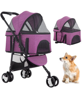 BestPet 3 Wheels Pet Stroller Dog Cat Premium 3-in-1 Multifunction Stroller for Medium Small Dogs Cats Detachable Carrier Lightweight Folding Travel Stroller,Purple