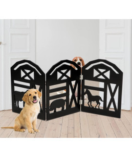 Bundaloo Freestanding Dog Gate Expandable Decorative Wooden Fence for Small to Medium Pet Dogs, Barrier for Stairs, Doorways, & Hallways (Farm Animals - Black