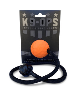 K9 Ops Dog Ball on a Rope Moki Tug Toy - Solid Rubber Fetch Training Reward - Large Dogs Durable Indestructible Chewers Pitbull Dobermann Rottweiler Shepherd (Tiger Orange - Black Rope)