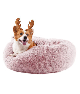 suddus Anti Anxiety Dog Bed with Blanket Attached, Round Fluffy Pet Bed, Donut Dog Bed Large, Faux Fur, Washable, Beige, 36''