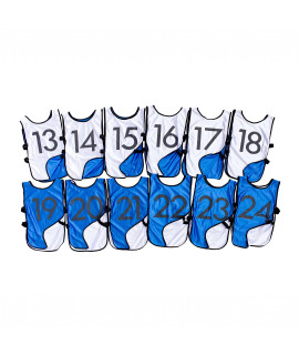 LVL10 Sports Pinnies - Reversible and Numbered Practice Vest Pennies for Soccer, Basketball Team Scrimmages - Adults and Kids (Pack of 12 13-24) (BlueWhite, XL)