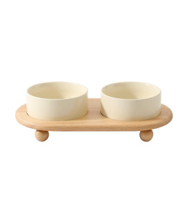 Havniva Ceramic Elevated Cat Food and Water Bowl, Kitty Bowl, Raised Cat Dish, Cat Feeder (2 x Cream White + Stand)
