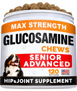 Senior Advanced Glucosamine Joint Supplement for Dogs - Hip & Joint Pain Relief - Small + Large Breeds -Omega-3 Fish Oil - Chondroitin, MSM- Mobility Soft Chews for Older Dogs - Bacon Flavor - 120Ct