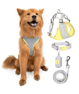 Reflective Dog collar and Leash Set with Reflective Dog Vest Harness for Medium Dogs and Dog Poop Bag Holder - Dog Accessories for Night Walking (Sweet Yellow, Medium)