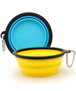 COLLAPSIBLE 2-Pack Large Dog Travel Bowl, Collapsible Bowls for Dogs, Foldable Cat Water Bowl, Portable Pet Feeding Watering Traveling Dish (Yellow & Light Blue)