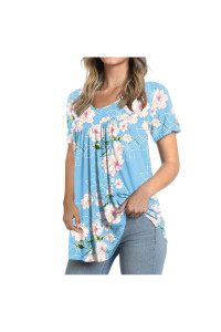 Womens Tops Hide Belly Tunic 2022 Summer Short Sleeve T Shirts Long Flowy Tshirt casual Dressy Blouses To Wear With Leggings Blue