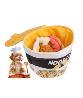 wowmolly Noodle Box Squeaky Dog Toys Including Sausage, Rope, Egg, Chicken Interactive Food Plush Stuff Pet Dog Toy for Small, Medium Dog (Ramen Shaped)