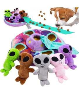 wowmolly Interactive Squeaky Puzzle Plush Hide an Alien UFO Spaceship, Strong and Durable Dog Toy for All Breeds (appx.10.5 W X 5 H Spaceship + 5 Aliens)