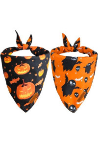 Viretec Halloween Dog Bandanas, Pet Holiday Pumpkin Bat Ghost Themed Pattern Bandanas 2 Pack, Double Sided Scarf Triangle Bib Neckerchief Set for Dogs and Cats Costume