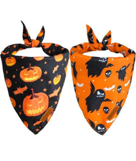 Viretec Halloween Dog Bandanas, Pet Holiday Pumpkin Bat Ghost Themed Pattern Bandanas 2 Pack, Double Sided Scarf Triangle Bib Neckerchief Set for Dogs and Cats Costume