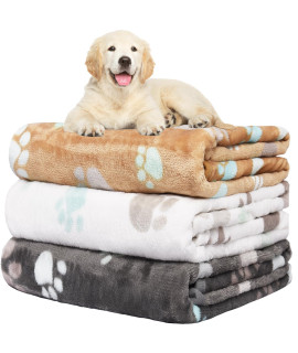 KOGSA Blankets for Dogs,3 Pack Dog Blankets for Medium Dogs Washable,41x31 inch Pet Blankets for Dog,Soft Dog Throw Blanket for Crate Kennel,Cute Paw(Brown+Grey+White)