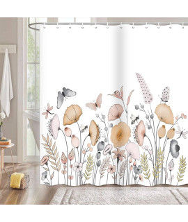 Decoreagy Extra Long Shower curtain 84 inch Length, Beige Elegant chic Floral Botanical Shower curtain Set for Bathroom, Water Resistant Polyester Fabric Machine Washable