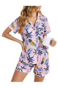 Ekouaer Women Pjs Button Down Tracksuits Two Piece Sleepwear Loungewear Sleep Set Pink Pineapple XXL