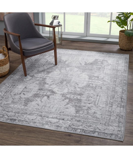 Bloom Rugs Washable 4x6 Rug - IvorySilver gray Traditional, Distressed Area Rug for Living Room, Bedroom, Dining Room and Kitchen - Exact Size: 4 x 6
