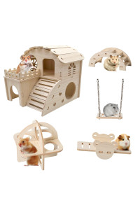 Wooden Syrian Hamster Toys Set, Improved Version 8.7 in Large Hamster House, Small Animals Seesaw, Guinea Pig Sport Exercise Toys, Rainbow Bridge, Swing, Dwarf Hamster Cage Accessories