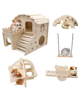 Wooden Syrian Hamster Toys Set, Improved Version 8.7 in Large Hamster House, Small Animals Seesaw, Guinea Pig Sport Exercise Toys, Rainbow Bridge, Swing, Dwarf Hamster Cage Accessories