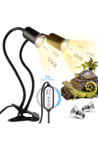 Reptile Heat Lamp, TFNN Double-Head Heat Lamp with Clamp, UVA UVB Reptile Light with Intelligent Cycle Timer for Turtle, Bearded Dragon, Lizard and More, 2 Bulbs 25W+50W