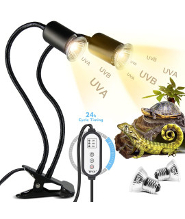 Reptile Heat Lamp, TFNN Double-Head Heat Lamp with Clamp, UVA UVB Reptile Light with Intelligent Cycle Timer for Turtle, Bearded Dragon, Lizard and More, 2 Bulbs 25W+50W