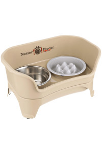 Neater Feeder Express for Medium to Large Dogs with The Niner Slow Feed Bowl - Mess Proof Pet Feeder with Stainless Steel Water Bowl & Nine Peak Slow Feeder - Drip Proof, Non-Tip, & Non-Slip - Almond