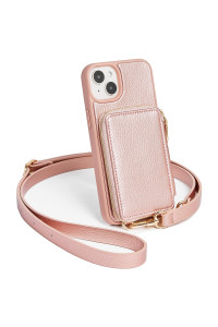 ZVE iPhone 14 Wallet case crossbody, Zipper Phone case with RFID Blocking card Holder Wrist Strap Purse cover for Women compatible with iPhone 14, 61, 2022-Rose gold