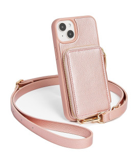 ZVE iPhone 14 Wallet case crossbody, Zipper Phone case with RFID Blocking card Holder Wrist Strap Purse cover for Women compatible with iPhone 14, 61, 2022-Rose gold