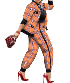 SOMTHRON Womens Houndstooth Print 2 Piece Outfit Zip Up Long Sleeve Jacket Elastic High Waist Long Pants Set Work Suits Tracksuit OR-XL