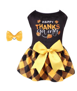 CuteBone Happy Thanksgiving Day Dog Dress Velvet for Small Dogs Girl Puppy Dresses Yellow Plaid Dog Clothes CVA03L-D