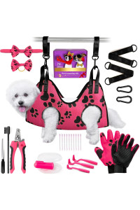 MAcosiness Pet Grooming Hammock for Nail Trimming - Complete Groomers Helper Set for Pet - Dog Grooming Hammock with Hook - Cat Nail Clipper - Dog Hammock for Nail Clipping (S, Pink with Black Paws)