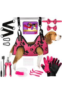 MAcosiness Pet Grooming Hammock for Nail Trimming - Complete Groomers Helper Set for Pet - Dog Grooming Hammock with Hook - Cat Nail Clipper - Dog Hammock for Nail Clipping (M, Pink with Black Paws)