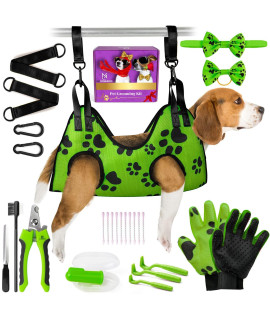 MAcosiness Pet Grooming Hammock for Nail Trimming - Complete Groomers Helper Set for Pet - Dog Grooming Hammock with Hook - Cat Nail Clipper - Dog Hammock for Nail Clipping (M, Lime with Black Paws)