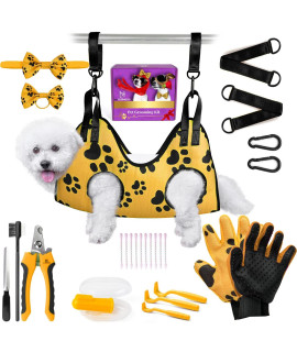 MAcosiness Pet Grooming Hammock for Nail Trimming - Complete Groomers Helper Set for Pet - Dog Grooming Hammock with Hook - Cat Nail Clipper - Dog Hammock for Nail Clipping (S, Gold with Black Paws)