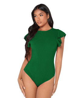 Romwe Womens Round Neck Layered Ruffle Short Sleeve Bodysuit green Pure L