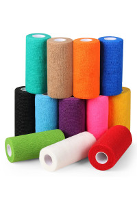 BANDVET WRAP Self Adhesive Bandage Wrap - Pack of 12 Assorted Colors, Non-Woven, Breathable & Water-Resistant Vet Wrap for First Aid, Sports Injury, Body Sprains, & Pets - 4 Inch x 5 Yards