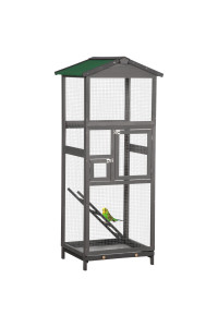 PawHut 65 Wooden Bird Cage Outdoor Aviary House for Parrot, Parakeet, with Pull Out Tray and 2 Doors, Grey