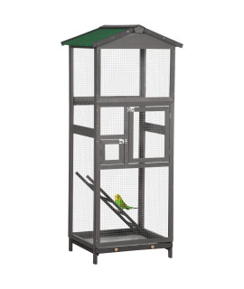 PawHut 65 Wooden Bird Cage Outdoor Aviary House for Parrot, Parakeet, with Pull Out Tray and 2 Doors, Grey
