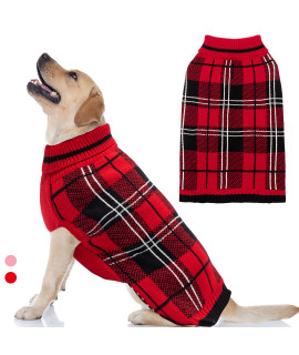 Dog Sweater for Small Medium Large Dog - Red Plaid Christmas Winter Dog Sweater Vest for Cold Weather - Knitted Turtleneck Warm Pullover Dog Clothes with Leash Hole (S-XL)