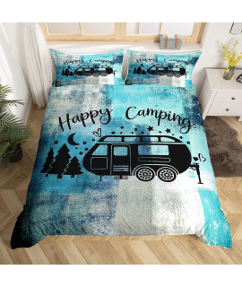 Erosebridal Turquoise Bedding Twin for Kids Boys,Teal and grey Ombre Duvet cover for girls Adult,Rustic Happy camping comforter cover,grunge Watercolor Quilt cover with 1 Pillowcase Soft