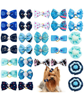 JpGdn 30PCS/15PAIRS Blue Dog Hair Bows with Rubber Bands Puppy Hair Bowknot Top Knot Elastic for Girl Female Doggy Cat Rabbit Poodle Pet Animal Grooming Accessories Attachment