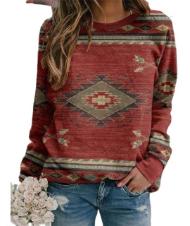 Sweaters for Women Fall Long Sleeve crewneck Shirts Tops Western Ethnic Print Blouse casual Pullover Loose Fit Deep Red M