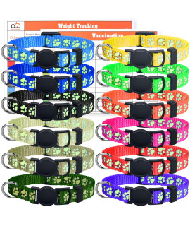 GAMUDA 12Pcs Reflective Puppy Collars, Soft Nylon Whelping Collars, Identification Collars Glow in The Dark, Adjustable Breakaway Litter Collars with 2 Record Keeping Charts (Reflective, S)