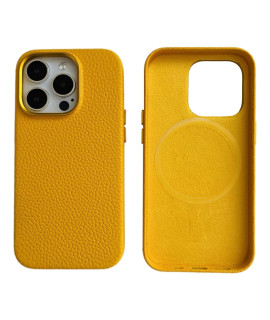 Natural Leather Proctective case for iPhone 14 Pro 61 with MagSafe Strong Magnets, Top grain Leather case for iPhone 14 Pro 61 Inch - Yellow