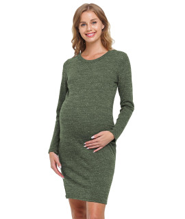 HELLO MIZ Womens Knit Ribbed Maternity Dress with Long Sleeve, Olive Sequin, Large