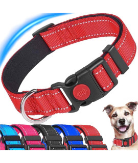 ATETEO Reflective Dog collar with Safety Locking Buckle and Soft Neoprene Padded, Adjustable Durable Nylon Puppy collars for Small Medium Dogs,Red,S: 9-142 inch