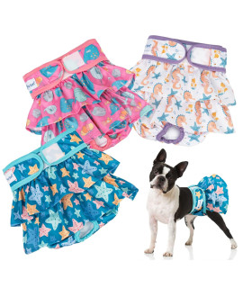 Pet Soft Washable Female Diapers (3 Pack) - Female Dog Diapers, Dress Style Comfort Reusable Doggy Diapers for Girl Dog in Period Heat (Ocean, L)